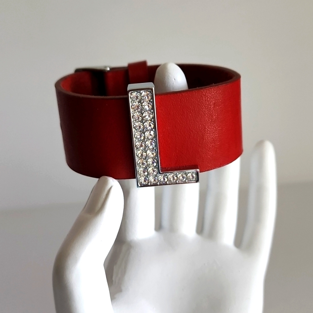 Monogram L Rhinestone Leatherette Adjustable Buckle Bracelet - Picture 3 of 13